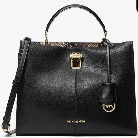 Michael Kors Handbags - Michael Kors Black & Gold Penelope Large Leather Satchel